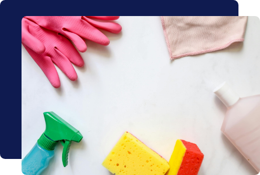 A selection of gentle, non-toxic cleaning tools and supplies used for green-focused facility maintenance
