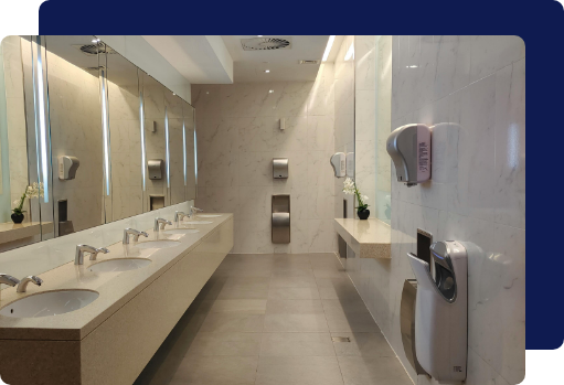 A bright, professionally maintained corporate restroom illustrating reliable janitorial upkeep